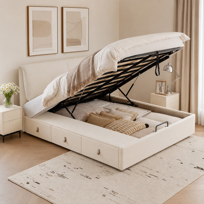 Cream Upholstered Storage Bed – Under-Bed Drawers