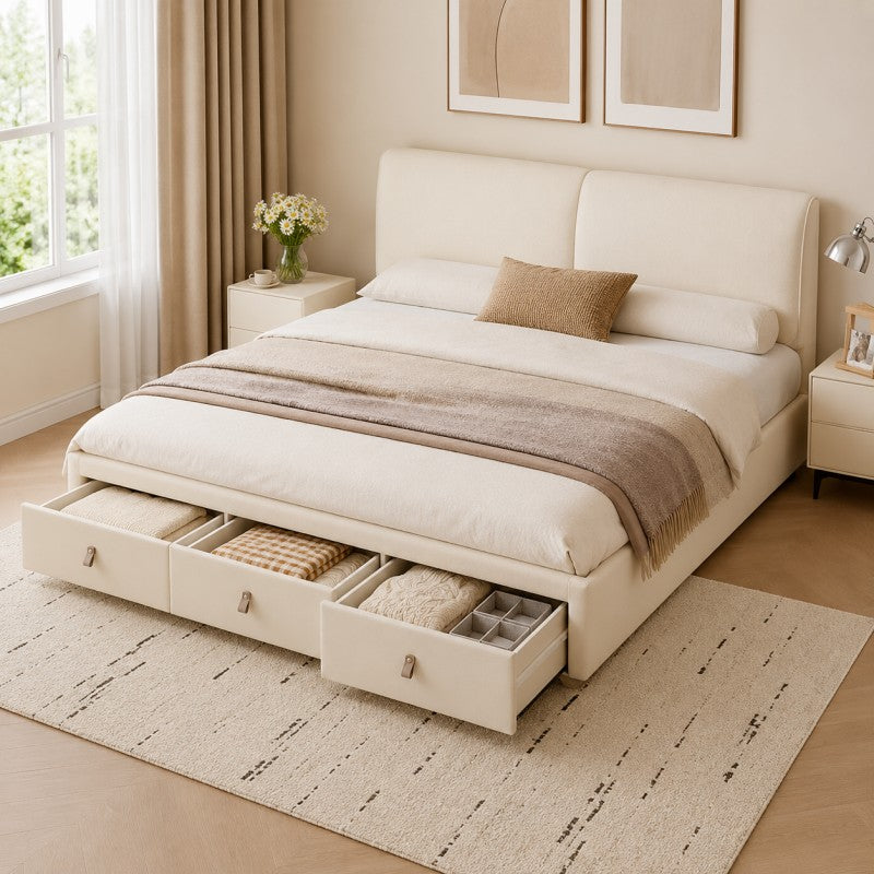 Cream Upholstered Storage Bed – Under-Bed Drawers