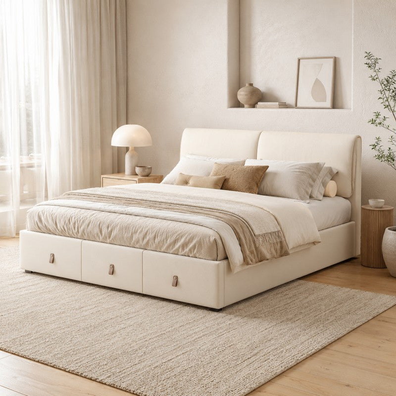 Cream Upholstered Storage Bed – Under-Bed Drawers