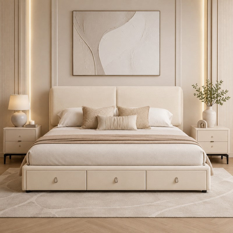 Cream Upholstered Storage Bed – Under-Bed Drawers