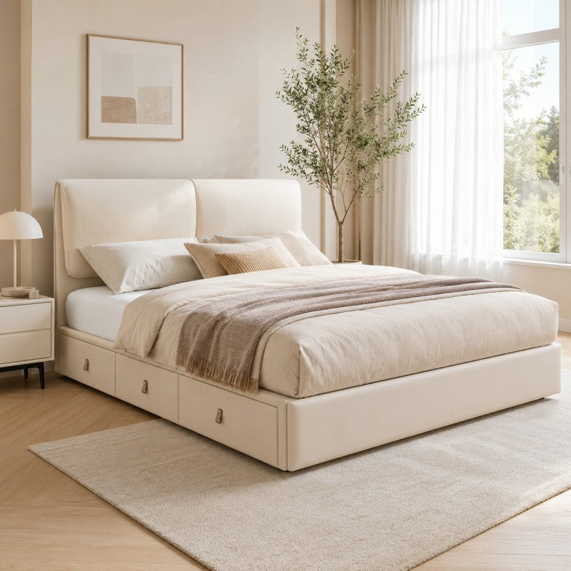 Cream Upholstered Storage Bed – Under-Bed Drawers