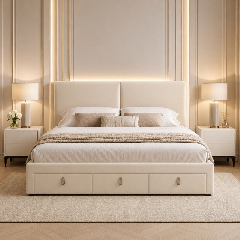 Cream Upholstered Storage Bed – Under-Bed Drawers