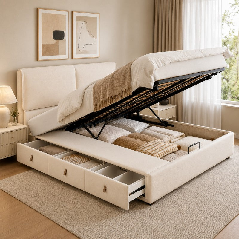 Cream Upholstered Storage Bed – Under-Bed Drawers