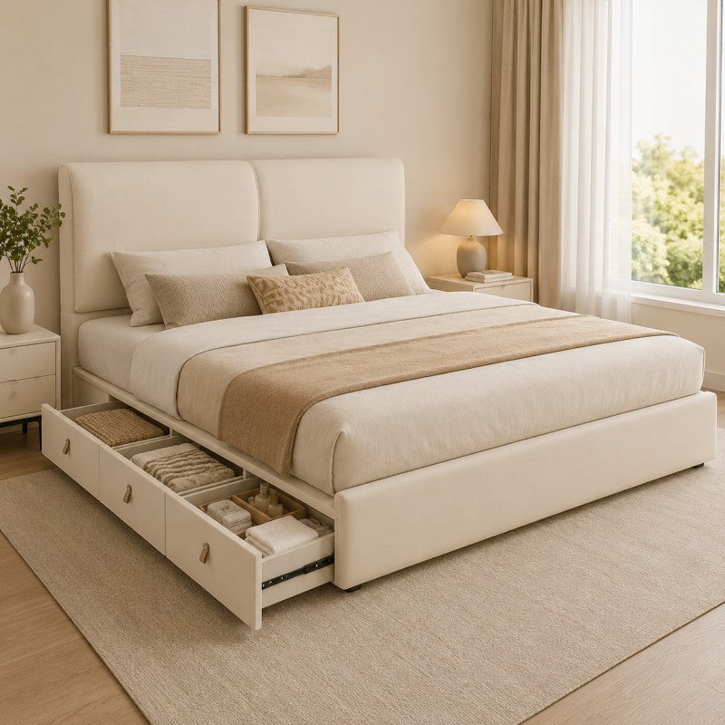 Cream Upholstered Storage Bed – Under-Bed Drawers