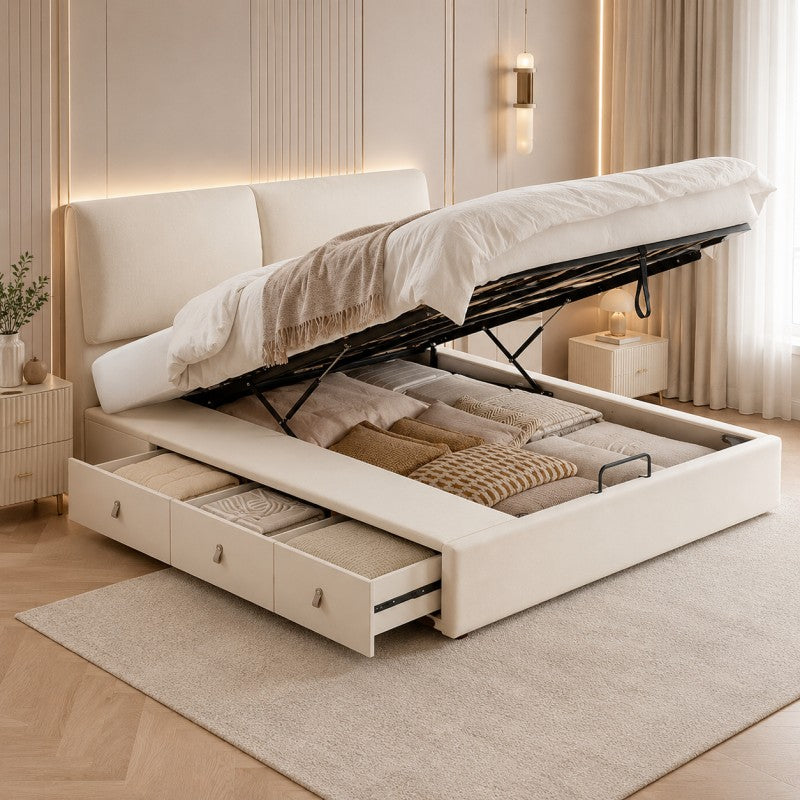 Cream Upholstered Storage Bed – Under-Bed Drawers