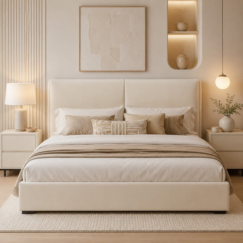 Cream Upholstered Storage Bed – Under-Bed Drawers