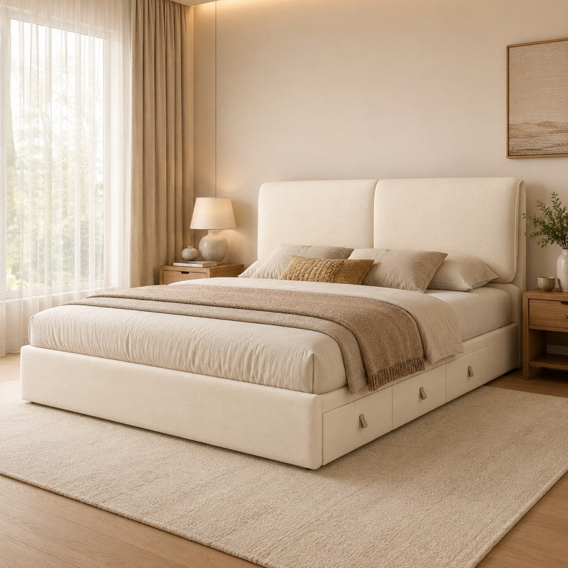 Cream Upholstered Storage Bed – Under-Bed Drawers