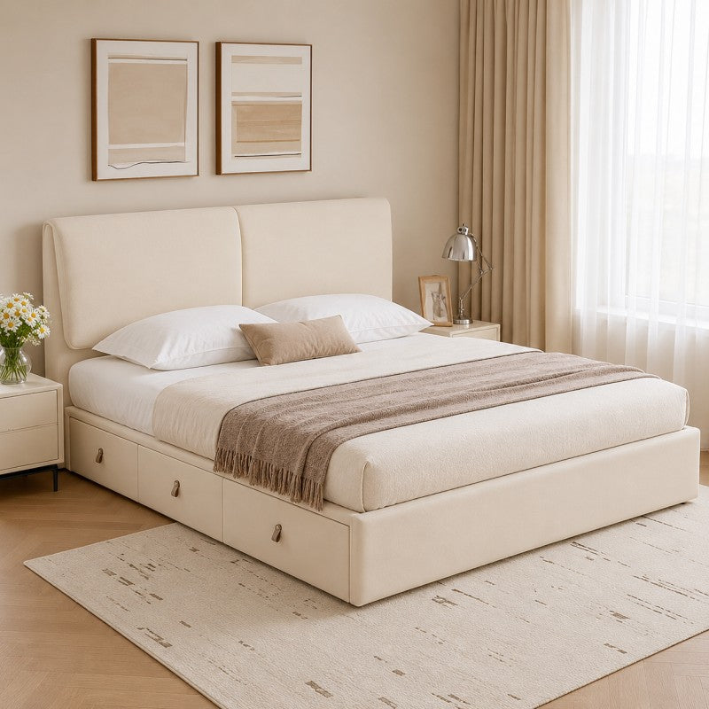 Cream Upholstered Storage Bed – Under-Bed Drawers