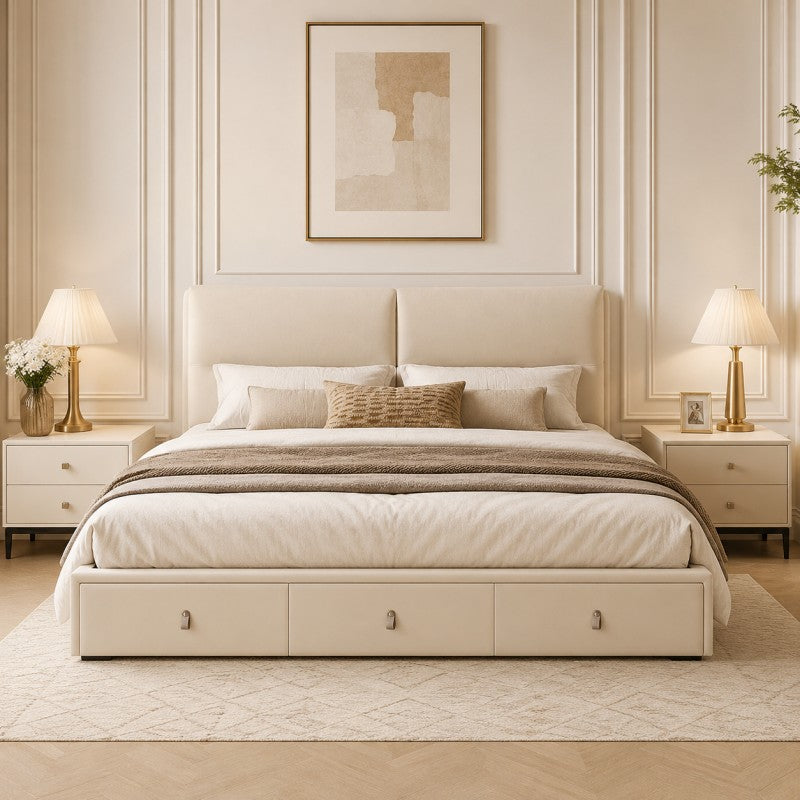 Cream Upholstered Storage Bed – Under-Bed Drawers