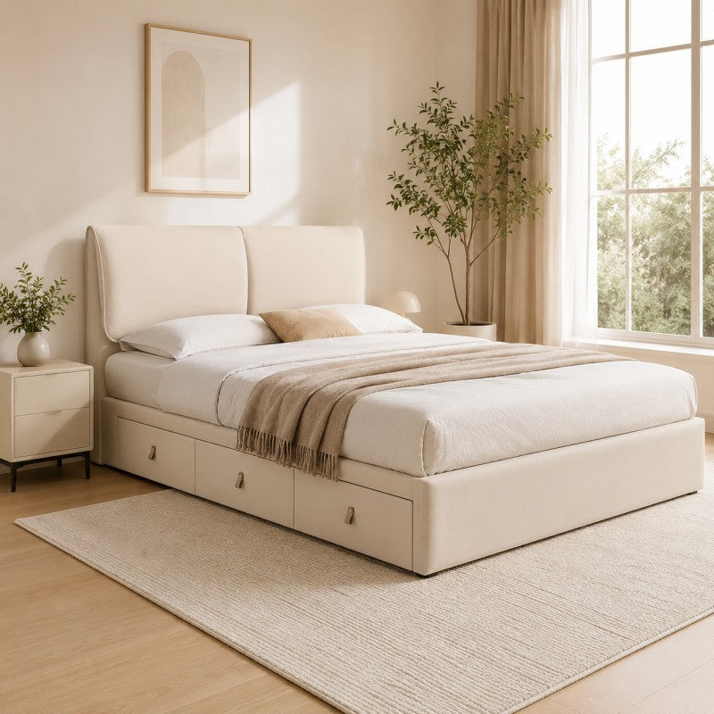 Cream Upholstered Storage Bed – Under-Bed Drawers