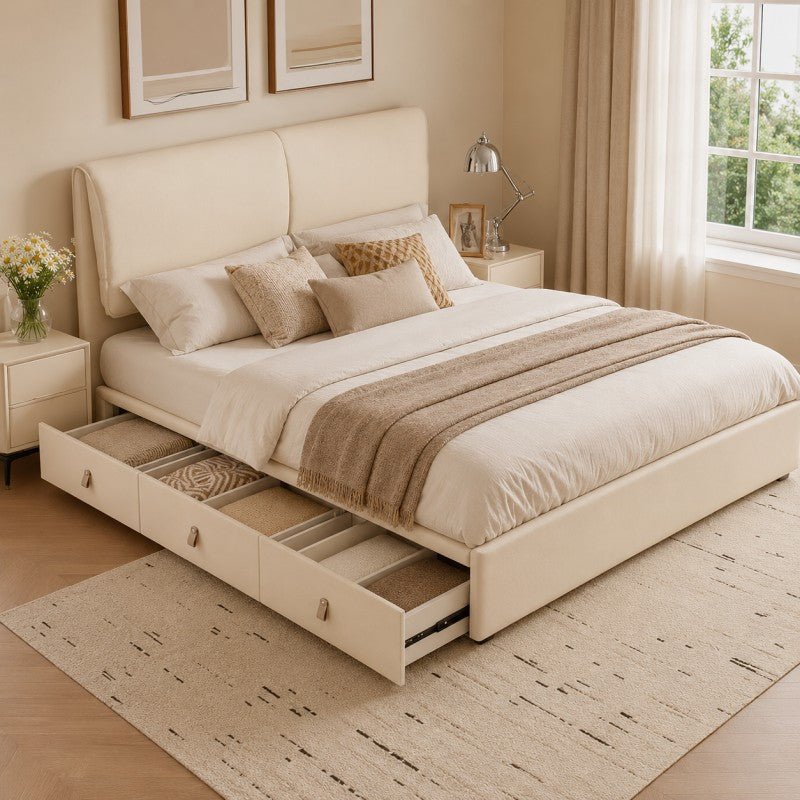 Cream Upholstered Storage Bed – Under-Bed Drawers