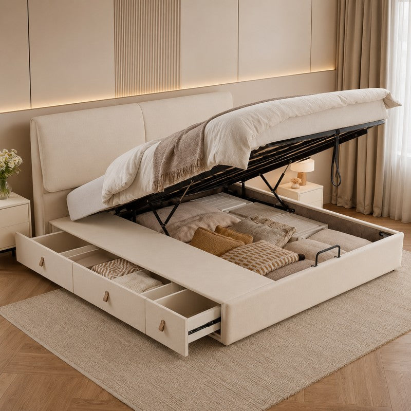 Cream Upholstered Storage Bed – Under-Bed Drawers
