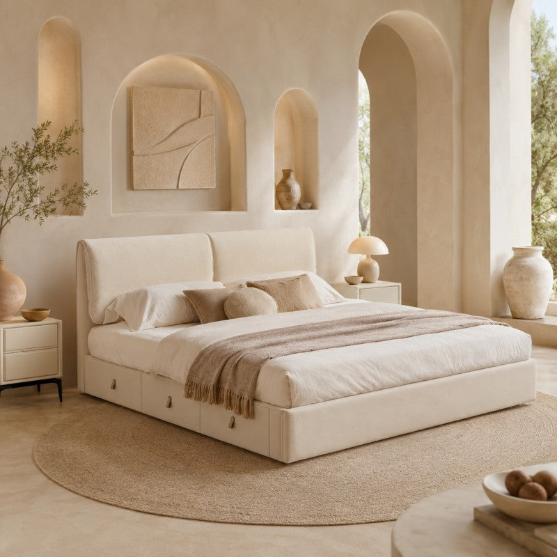 Cream Upholstered Storage Bed – Under-Bed Drawers