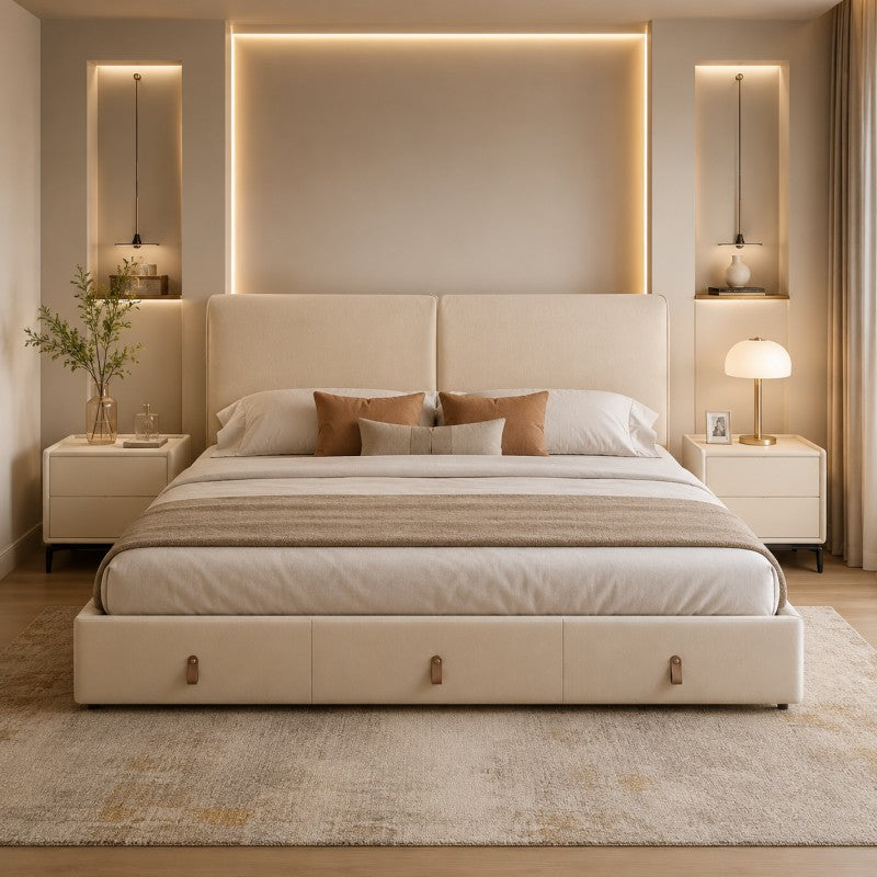 Cream Upholstered Storage Bed – Under-Bed Drawers