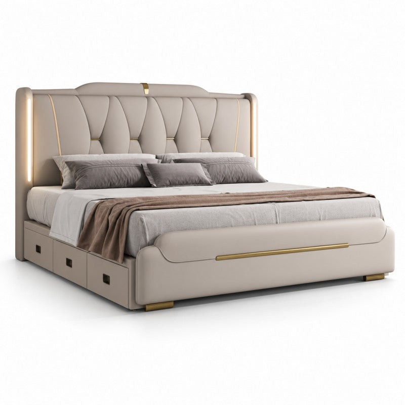 Luxury Upholstered Storage Bed – Gold Trim & LED