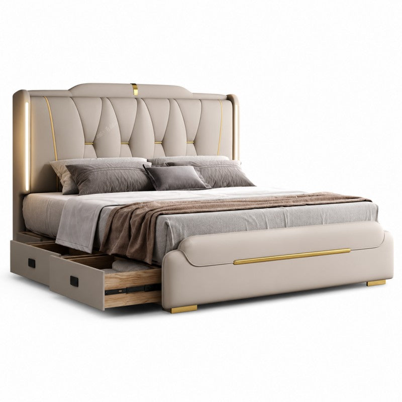 Luxury Upholstered Storage Bed – Gold Trim & LED