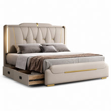 Luxury Upholstered Storage Bed – Gold Trim & LED