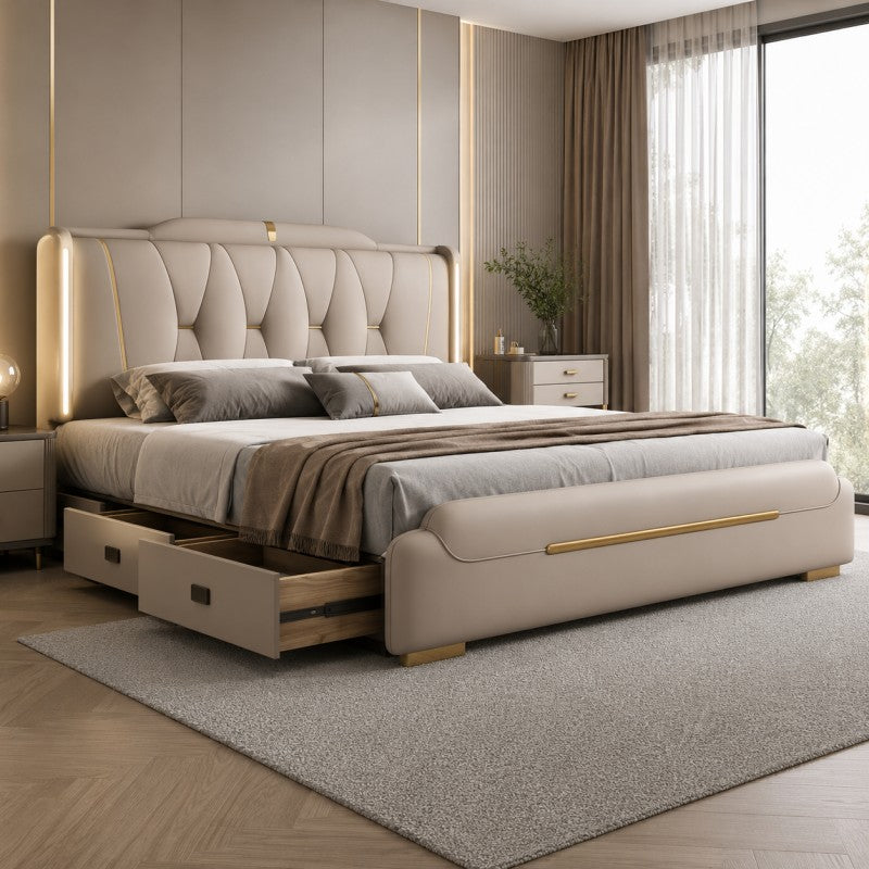 Luxury Upholstered Storage Bed – Gold Trim & LED