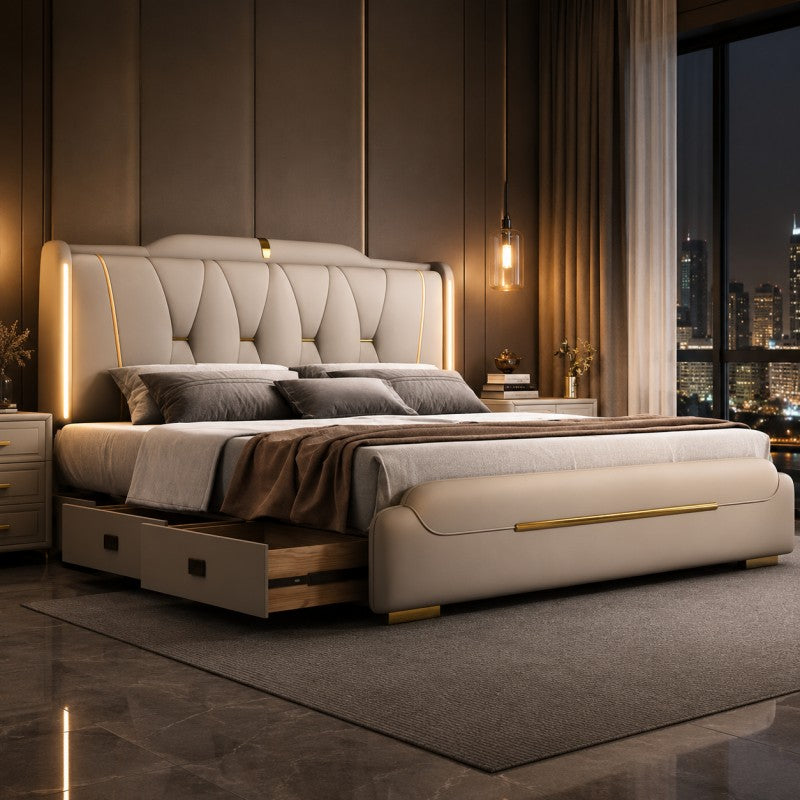 Luxury Upholstered Storage Bed – Gold Trim & LED