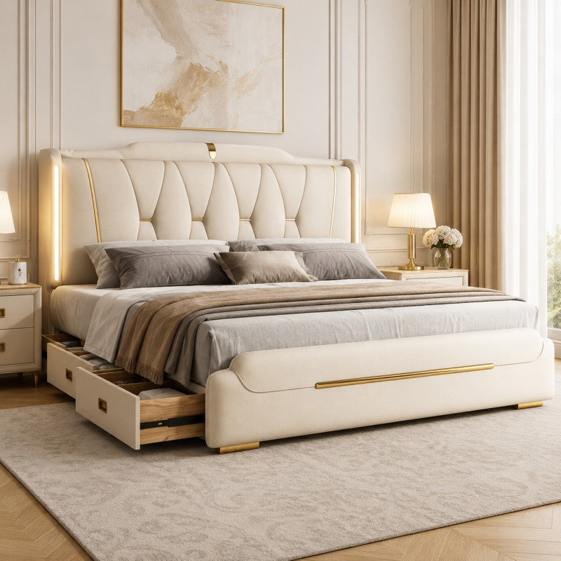 Luxury Upholstered Storage Bed – Gold Trim & LED