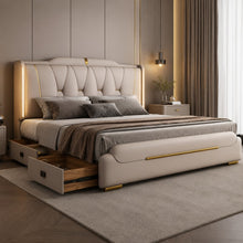 Luxury Upholstered Storage Bed – Gold Trim & LED