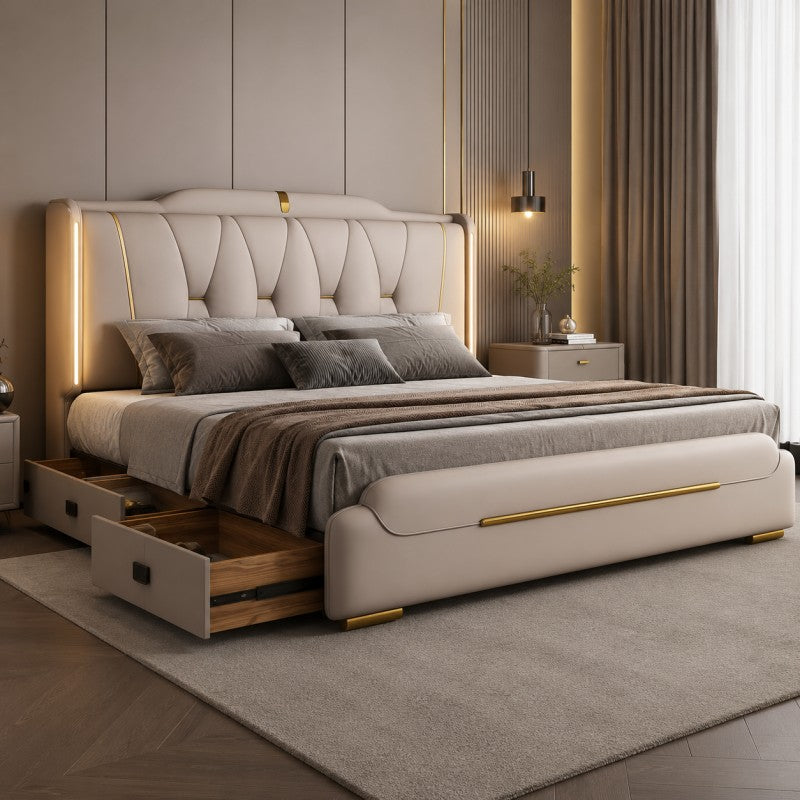 Luxury Upholstered Storage Bed – Gold Trim & LED