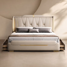 Luxury Upholstered Storage Bed – Gold Trim & LED
