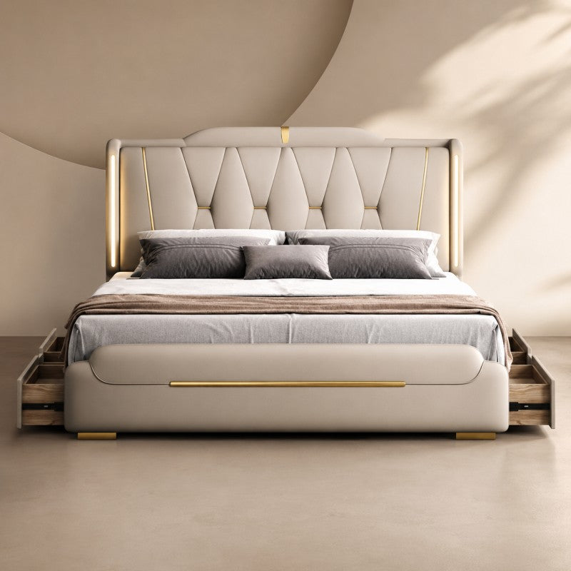 Luxury Upholstered Storage Bed – Gold Trim & LED