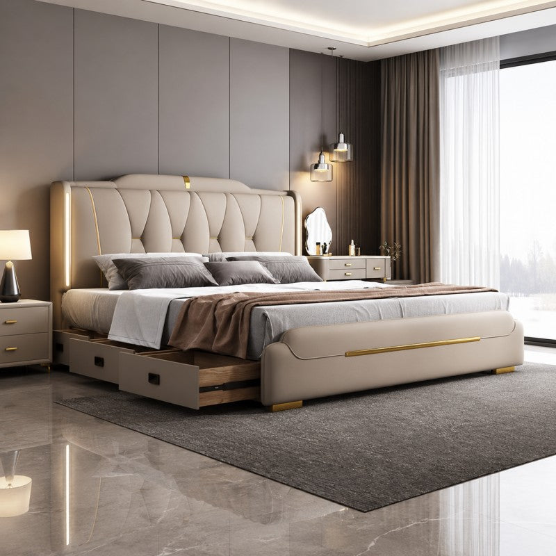 Luxury Upholstered Storage Bed – Gold Trim & LED