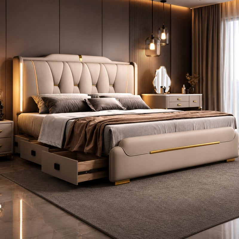 Luxury Upholstered Storage Bed – Gold Trim & LED