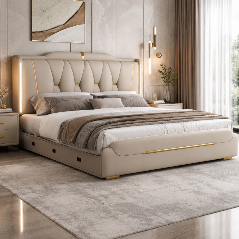 Luxury Upholstered Storage Bed – Gold Trim & LED
