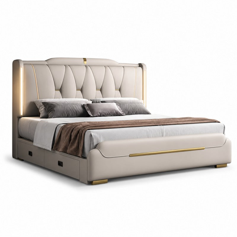 Luxury Upholstered Storage Bed – Gold Trim & LED
