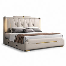 Luxury Upholstered Storage Bed – Gold Trim & LED