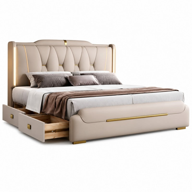 Luxury Upholstered Storage Bed – Gold Trim & LED