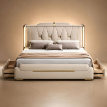 Luxury Upholstered Storage Bed – Gold Trim & LED