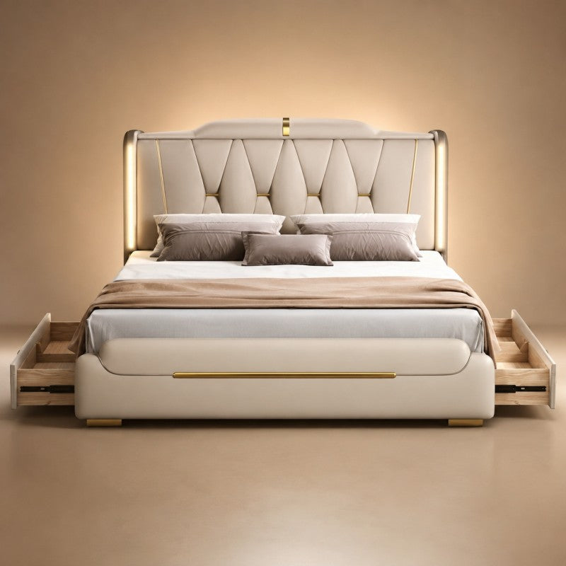 Luxury Upholstered Storage Bed – Gold Trim & LED