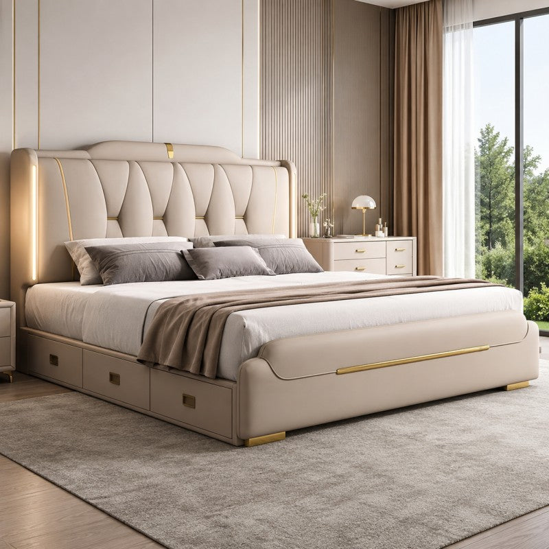 Luxury Upholstered Storage Bed – Gold Trim & LED
