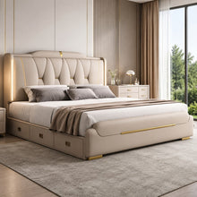 Luxury Upholstered Storage Bed – Gold Trim & LED