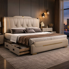 Luxury Upholstered Storage Bed – Gold Trim & LED