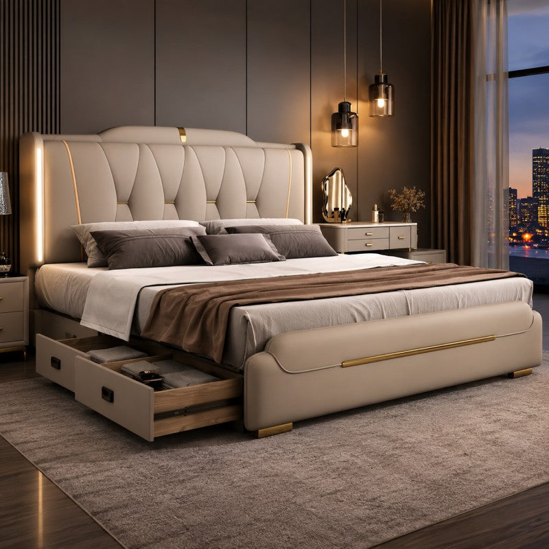 Luxury Upholstered Storage Bed – Gold Trim & LED