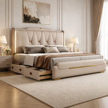 Luxury Upholstered Storage Bed – Gold Trim & LED