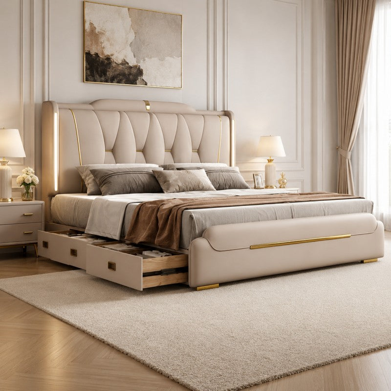 Luxury Upholstered Storage Bed – Gold Trim & LED
