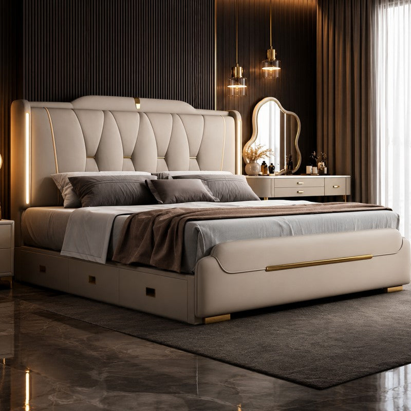 Luxury Upholstered Storage Bed – Gold Trim & LED