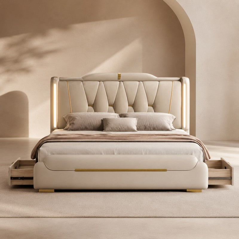 Luxury Upholstered Storage Bed – Gold Trim & LED