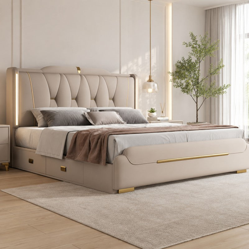 Luxury Upholstered Storage Bed – Gold Trim & LED