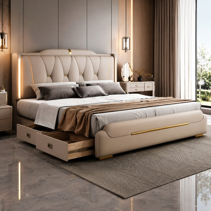 Luxury Upholstered Storage Bed – Gold Trim & LED