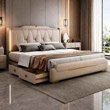 Luxury Upholstered Storage Bed – Gold Trim & LED