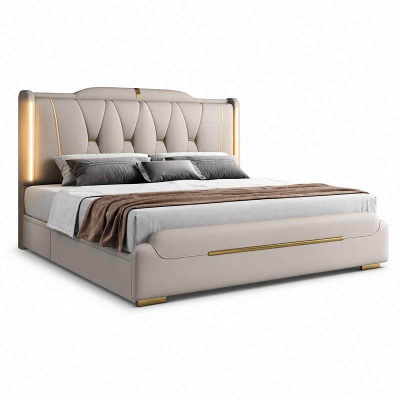 Luxury Upholstered Storage Bed – Gold Trim & LED