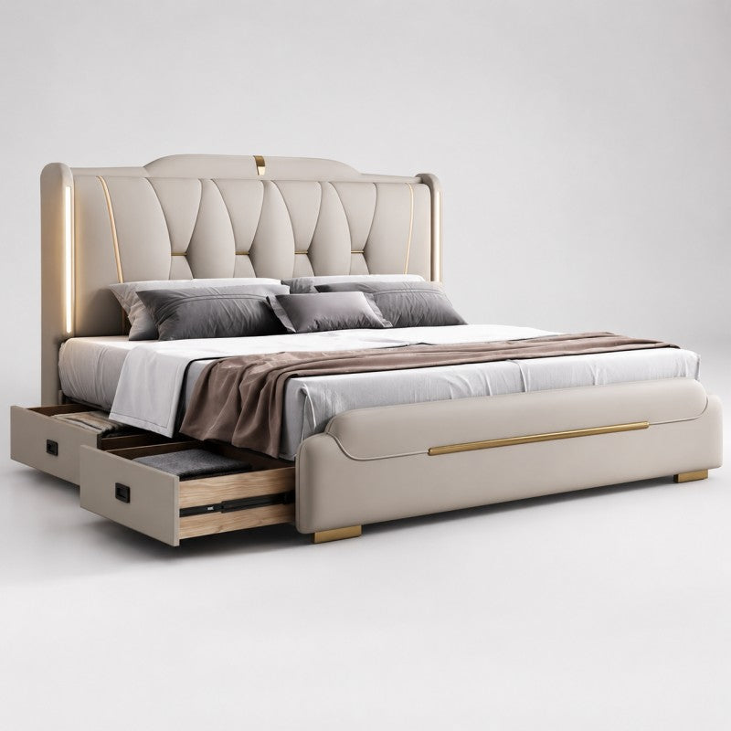 Luxury Upholstered Storage Bed – Gold Trim & LED