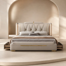 Luxury Upholstered Storage Bed – Gold Trim & LED
